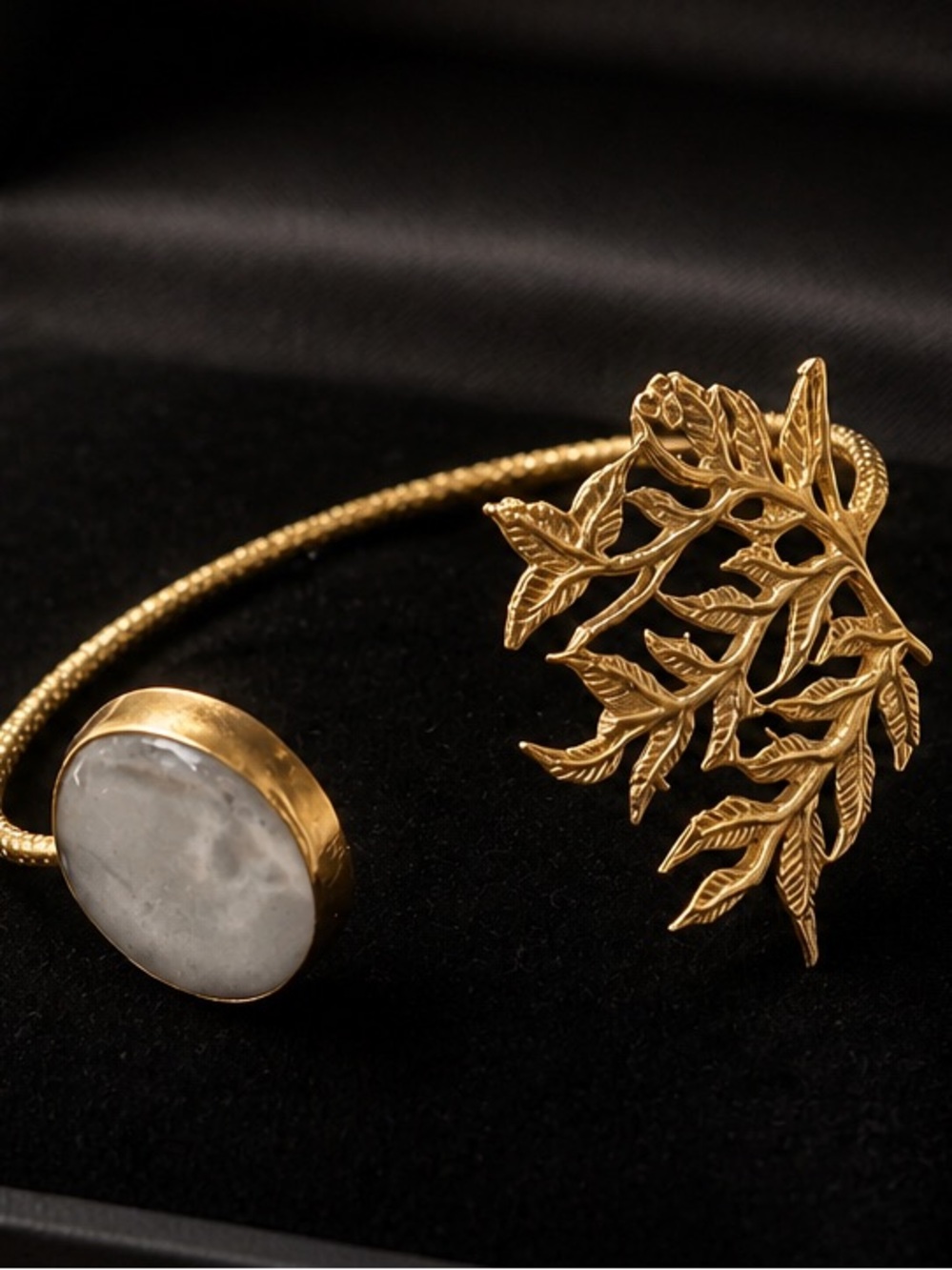 Gold Leaf Open Cuff Bracelet with White Stone - Women Jewelry